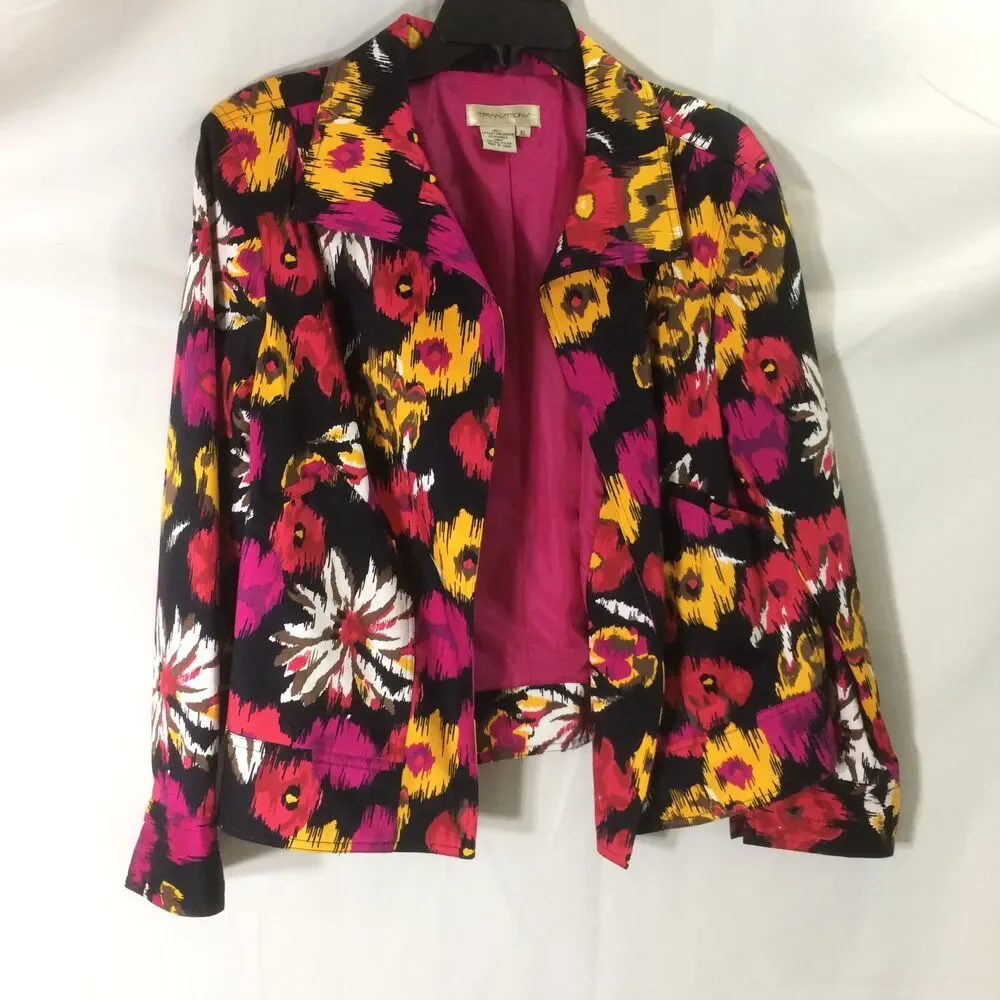 Transitions Blazer Jacket XL Open Front Watercolor Abstract Floral Cotton Lined